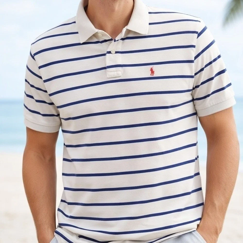 Polo Ralph Lauren Striped Polo Shirt XL Cream Navy Classic Cotton‎ Preppy Resort